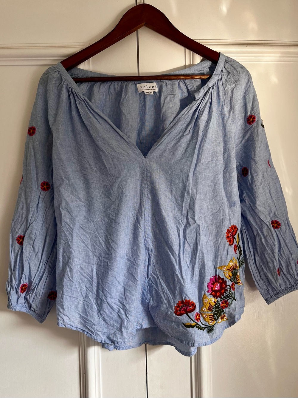 Velvet by Graham & Spencer Light Blue Embroidered V-Neck Blouse